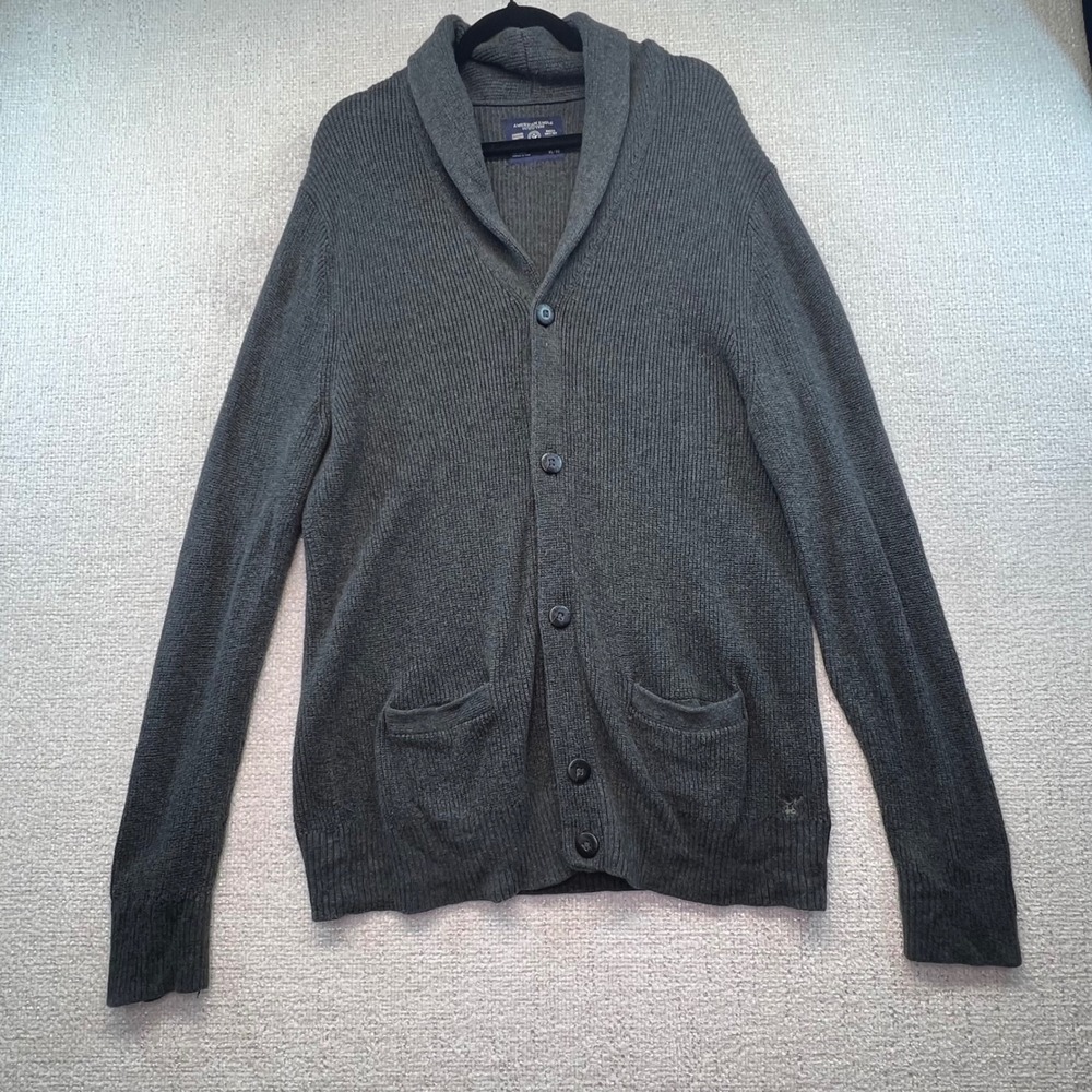 American Eagle Men's Shawl Collar Cardigan XL Athletic Fit‎ Cotton Gray